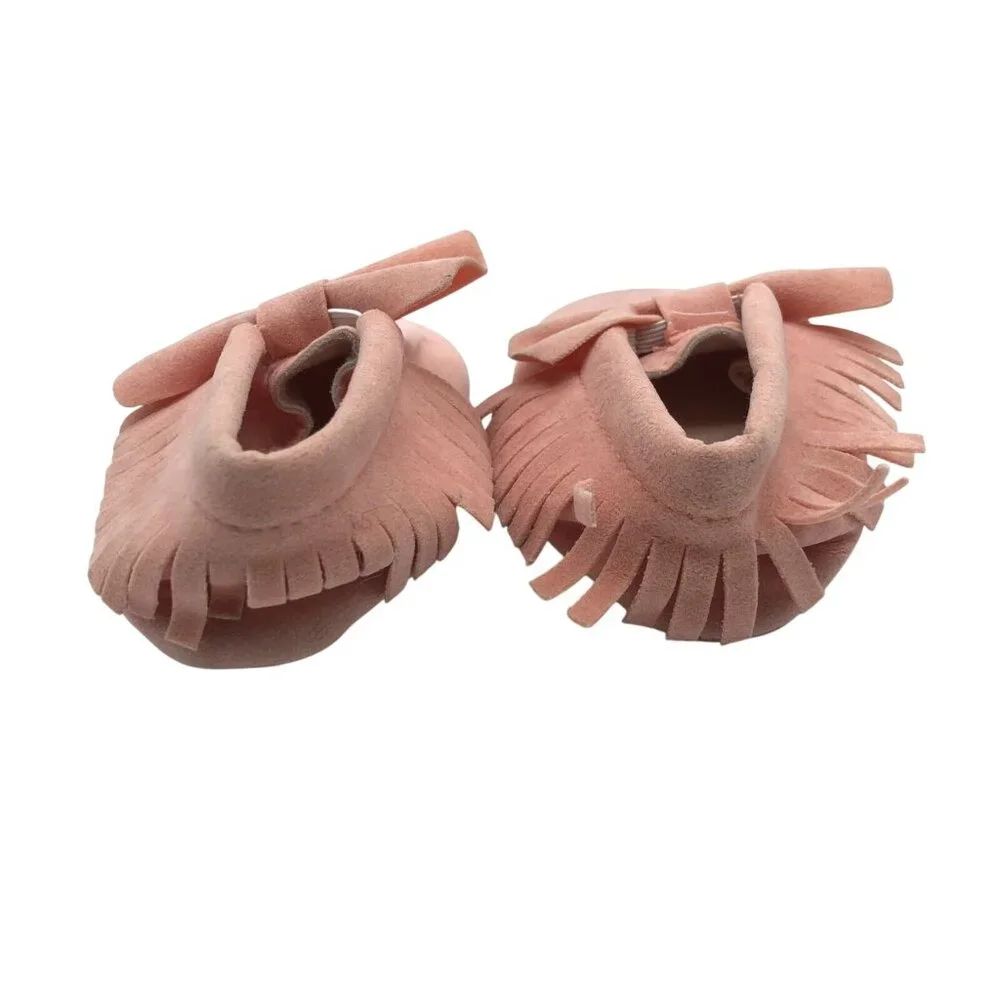 Baby Girls Moccasin Booties Fringe Bow Faux Suede Slip On Pink Size 2